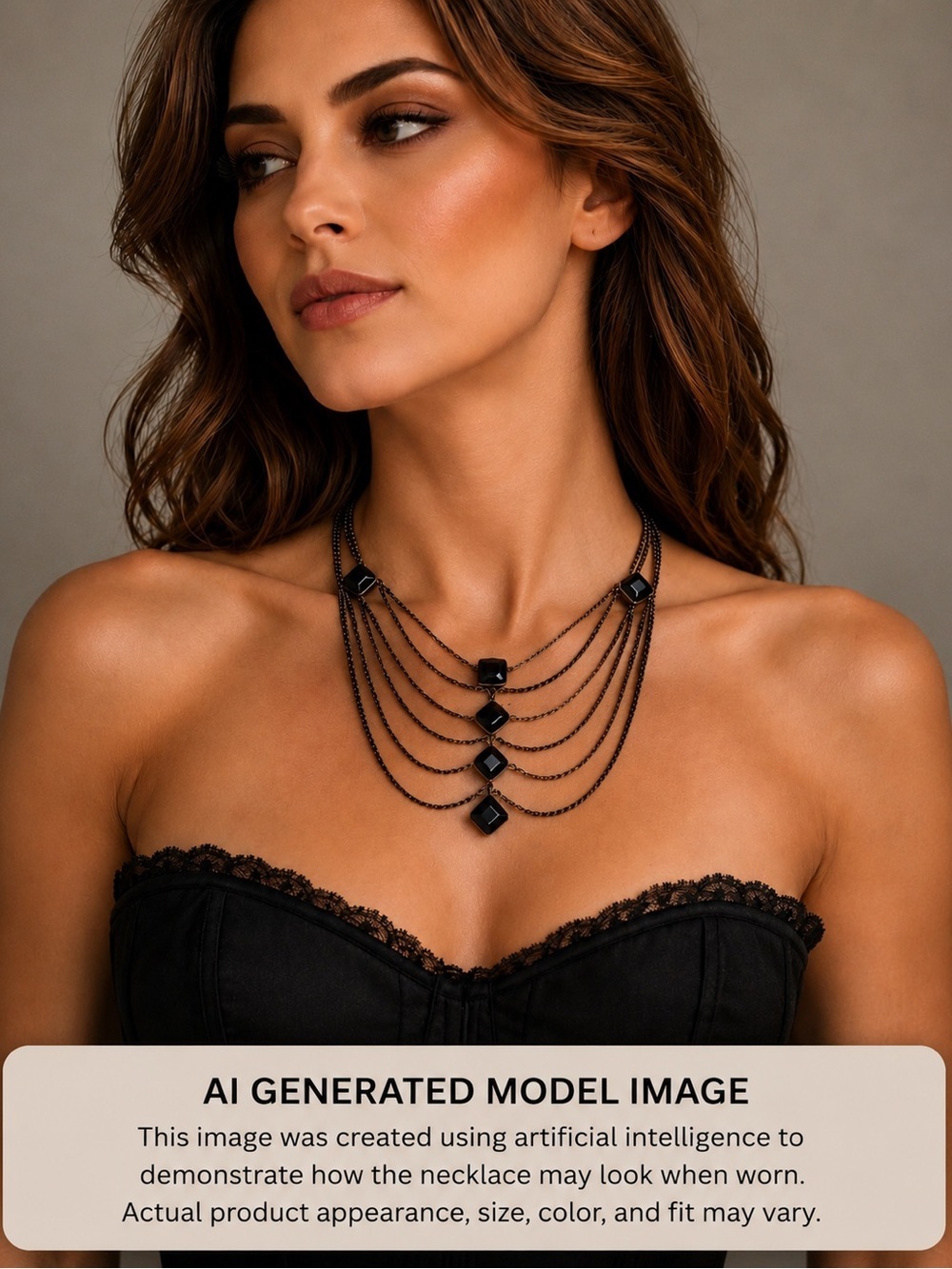7 Layer Statement Necklace Pendant Black Acrylic Faceted gemstones 20-23 inches